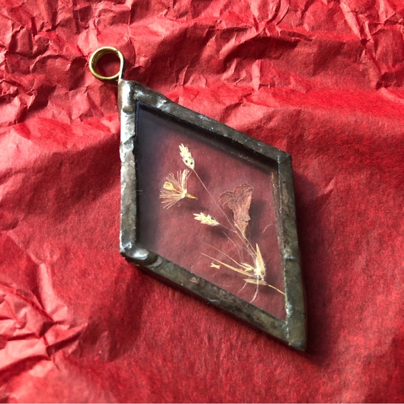 Raw Metal & Glass Casing Dried Flower Pendant - OOAK - Picture 2 of 6
